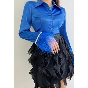 Elegant Blue Feathered Blouse